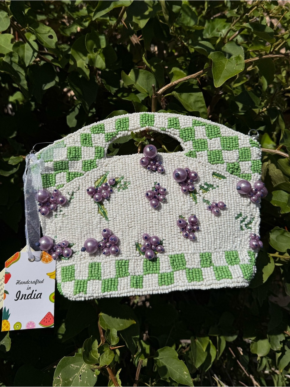 NWT Made in India Checkered Green White Grapes Top Handle Embellished Beaded Bag
